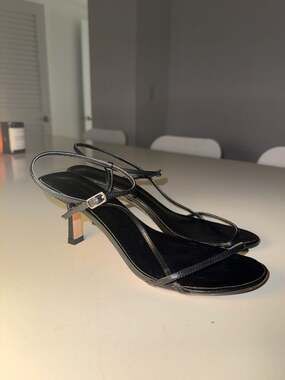 Tony Bianco Black Leather Strappy Slingback Kitten Heel Sandals